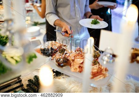 Plate With Meat, Salami, Ham, Backon, Prosciutto On Dark Grey Black Slate Background