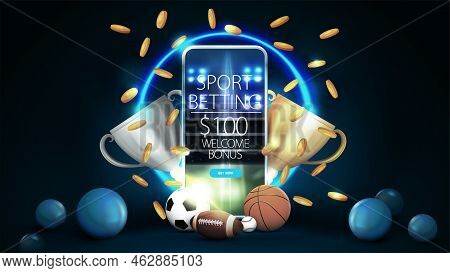 Sports Betting, Blue Banner With Smartphone, Champion Cups, Sport Balls, Spheres On Floor And Neon B