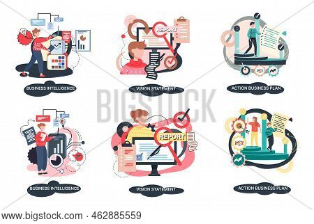 Business Intelligence Action Business Plan. Strategic Planning Automation Process. Mission Rules Vis