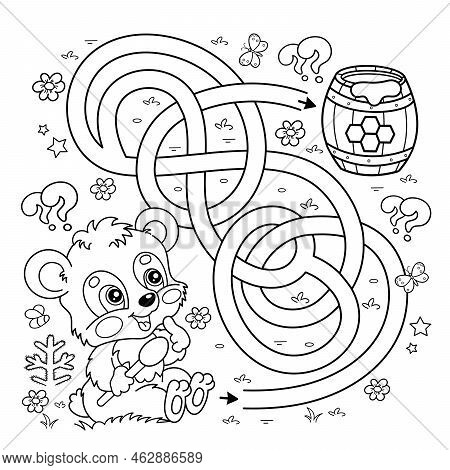 Maze Or Labyrinth Game. Puzzle. Tangled Road. Coloring Page Outline Of Cartoon Little Bear Cub With 