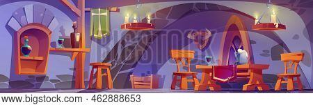 Medieval Tavern In Castle Dungeon, Ancient Bar Interior With Candle Lamps, Wooden Furniture And Stuf