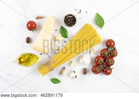 Ingredients For Preparing Italian Food Or Pasta. Ingredients For Cooking Pasta, Spaghetti, Mushrooms