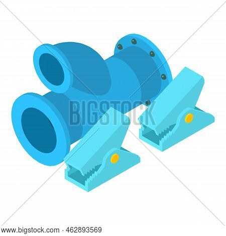 Professional Tool Icon Isometric Vector. Two Welding Clamp And Pipe Part Icon. Industrial Equipment,