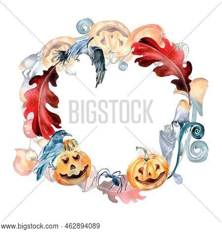 Halloween Wreath With Colorful Pumpkins Watercolor Illustration Isolated On White.