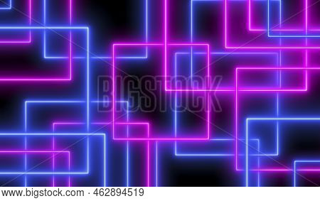 Neon Abstract Background. 3d Colored Neon Glow Laser Lines Illumination On Black Backdrop. Retro Syn