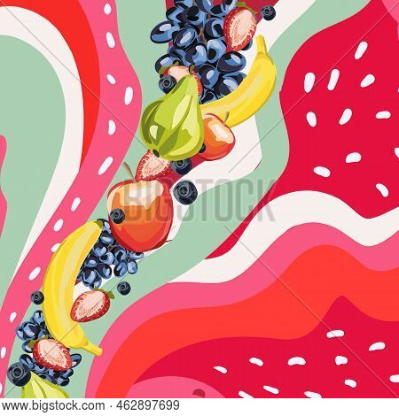 Sweet Tropical Fruits And Mixed Berries. Strawberry Abstract Hand Drawn.