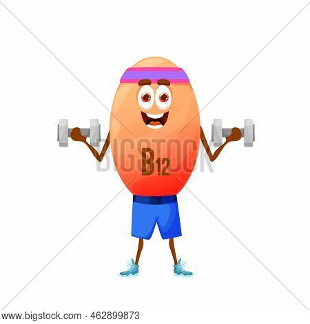 Cartoon Vitamin B12 Athlete Character With Dumbbells. Isolated Vector Cyanocobalamin Personage Fitne