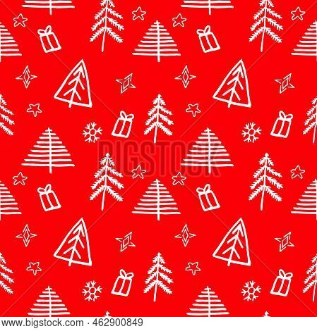 Simple Christmas Tree Seamless Vector Patterns. White Tree Isolated On A Dark Red Background