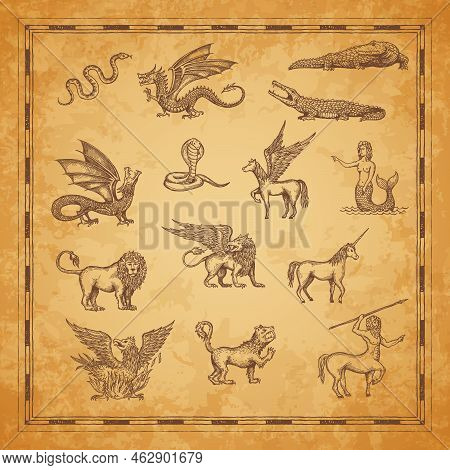 Vintage Map Characters Of Unicorn, Dragon And Pegasus, Minotaur, Lion, Mermaid And Crocodile, Snake,