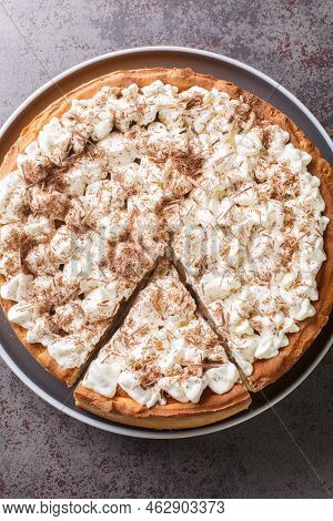 Piece Rijstevlaai Dutch Rice Pudding Tart With Whipped Cream And Chocolate Chips Close-up In A Plate