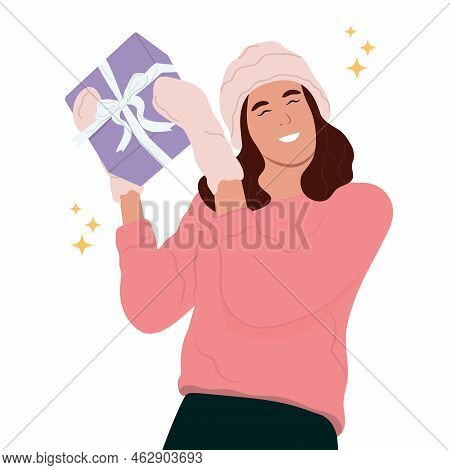 Happy Smiling Woman Holding Gift Boxes. Gift Giving Concept. Vector