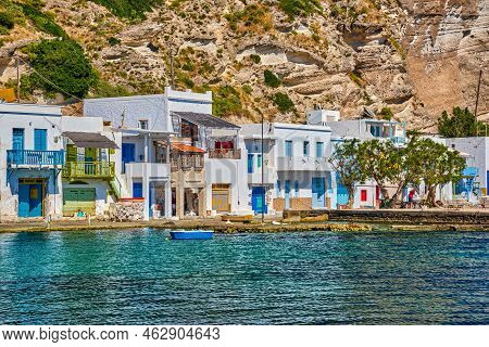 Colorful Village Of Klima With Traditional Greek Houses, Milos, Greece. Close View Of Fishermen Hous