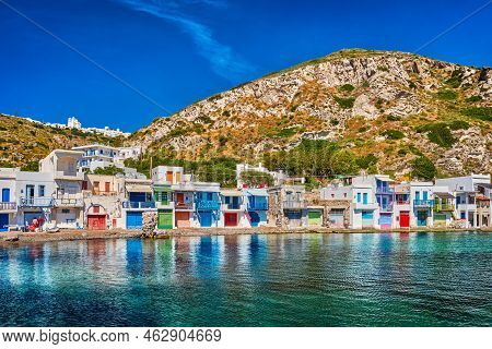 Colorful Village Of Klima With Traditional Greek Houses, Milos, Greece. Whitewashed Houses With Pain