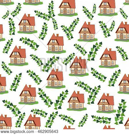 Seamless Pattern With Houses And Ivy Branches, Plants, English Old House, Scandinavian Traditions