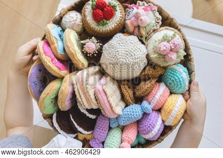 Toy Food Knitted From Yarn. Sweets, Pastries, Cookies And Cakes.