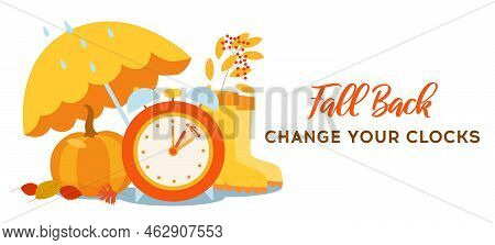 Fall Back Time Concept Poster. Daylight Saving Time Ends, Reminder Banner. Clock Change Back One Hou