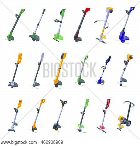 Garden Trimmer Icons Set Isometric Vector. Clipper Backyard. Care Cutter