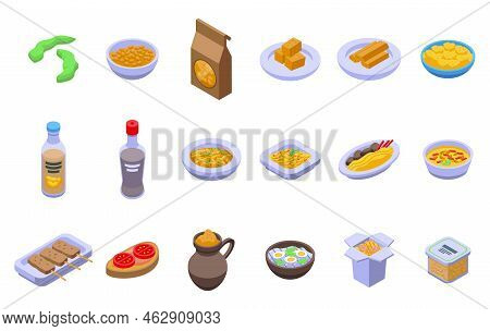 Soy Food Icons Set Isometric Vector. Milk Soya. Vegan Drink