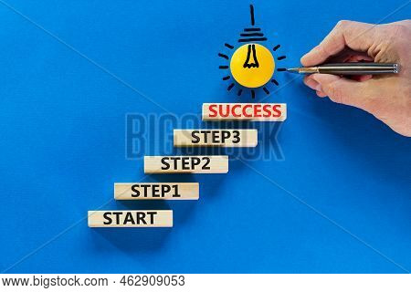 Strat, Step And Success Symbol. Concept Words Start Step 1 2 3 Success On Wooden Blocks On A Beautif