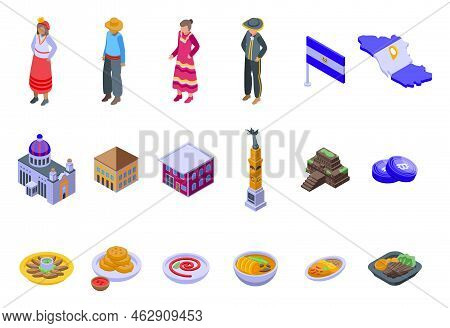 El Salvador Icons Set Isometric Vector. Flag Country. Freedom Culture
