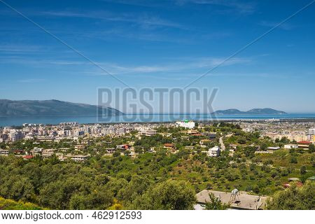 Attractive Spring Cityscape Of Vlore City From Kanines Fortress. Captivating Morning Sescape Of Adri
