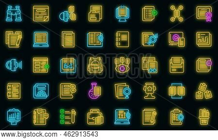 Case Study Icons Set Outline Vector. Proposal Platform. Study Analysis Vector Neon