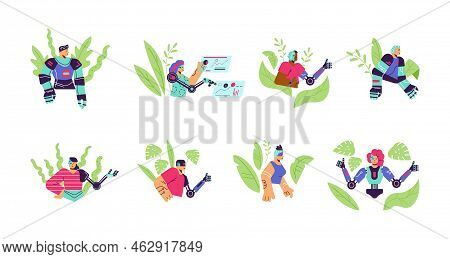 Set Of People With Artificial Body Parts Flat Style, Vector Illustration