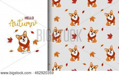 Seamless Pattern And Illustration For Kid With Cute Corgi And Leaves. Baby Background For T-shirt Pr