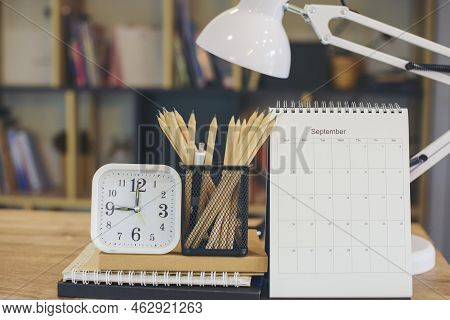 Calendar Desk Placed On Business Table. Desktop Calender For Planner To Plan Agenda, Timetable, Appo