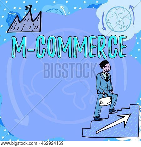 Hand Writing Sign M Commerce. Word Written On Commercial Transactions Conducted Electronically By Mo