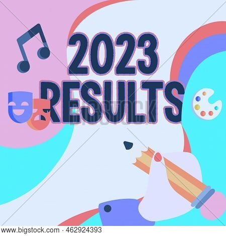 Hand Writing Sign 2023 Results. Word For Any Outcome Of An Action Or Event That Happens In The Year 