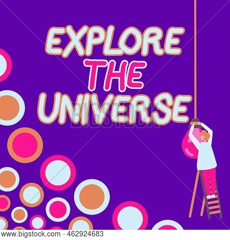 Handwriting Text Explore The Universe. Conceptual Photo Space And Scientific Discovery Of The Galaxi