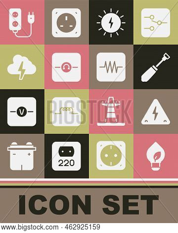 Set Light Bulb With Leaf, High Voltage, Screwdriver, Solar Energy Panel, Ohmmeter, Cloud And Lightni