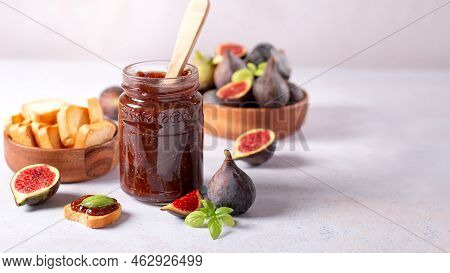 Autumn Preserves From Local Produce, Fig Jam Or Fig Marmalade On Light Grey Table With Fresh, Ripe F
