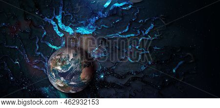 Planet Earth With Tree Crown Or Roots Interlacing With The Space. Interdependence With The Universe 