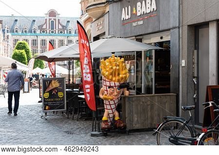 Leuven, Flemish Brabant - Belgium - 06 20 2021 The Ali Baba Fast Food Restaurant Around The Old Mark