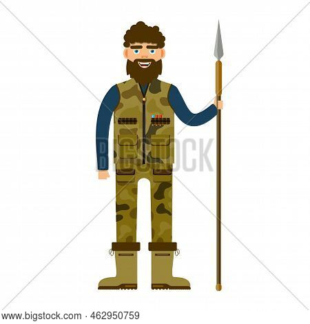 Man Hunter Camouflage Cloth Armed With Spear Flat. Male Character Beard Military Hunter Green Unifor