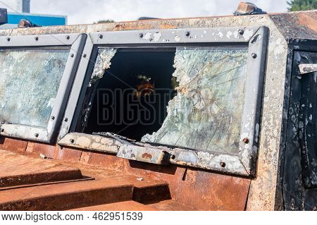 Gdansk, Poland - August 31, 2022: Broken Window On Wreck Of Tigr Gaz-2975 (russian Military Vehicle)