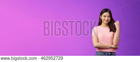 Friendly Attractive Stylish Woman Asian Playing Hair Stran, Touching Haircut, Smiling Joyfully, Cros