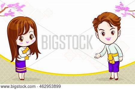 Thai Couple Cartoon Character In Traditional Costume Presenter Sawasdee And Welcome For Menu Templat