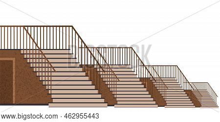 Interior Design Scene With Stairs And Door. Staircase At Entrance To House. Corridor Or Hall Of Buil