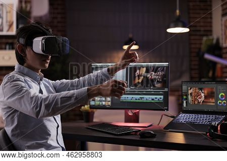 Freelancer Using Vr Glasses To Edit Movie Footage With Computer Software App. Videographer Editing F