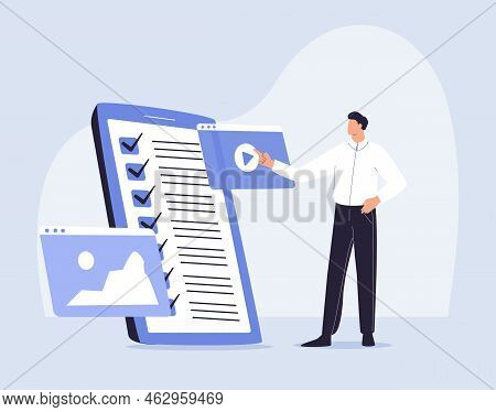 Businessman Character Mark Checklist Skrolling Web App. Businesswoman Completion Business Task. Goal