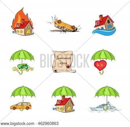 Insurance Security Icons Set Of Risk Accident Fire And Disaster Events Isolated Hand Drawn Sketch Ve