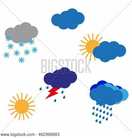 Watercolor Colored Clouds Sun Lightning. Cloud Collection. Vector Illustration. Stock Image.