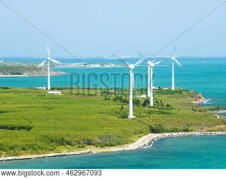 Aerial View Of Giant Wind Turbines In Penghu, Taiwan.