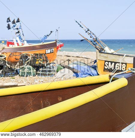 Hove United Kingdom - June 16 2009; Traditional Colourful Fishing Boats Of South England Pulled Up O