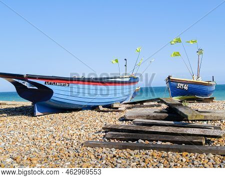 Hove United Kingdom - June 16 2009; Traditional Colourful Fishing Boats Of South England Pulled Up O