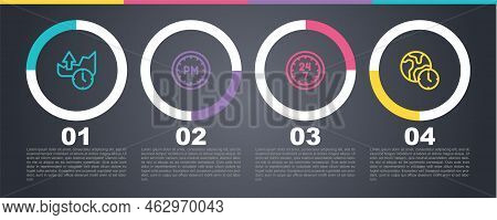 Set Line Stocks Market Growth Graphs, Day Time, Clock 24 Hours And World. Business Infographic Templ