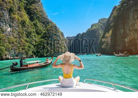 Woman Tourist On Boat Trip, Happy Traveller Relaxing At Pileh Lagoon On Phi Phi Island, Krabi, Thail